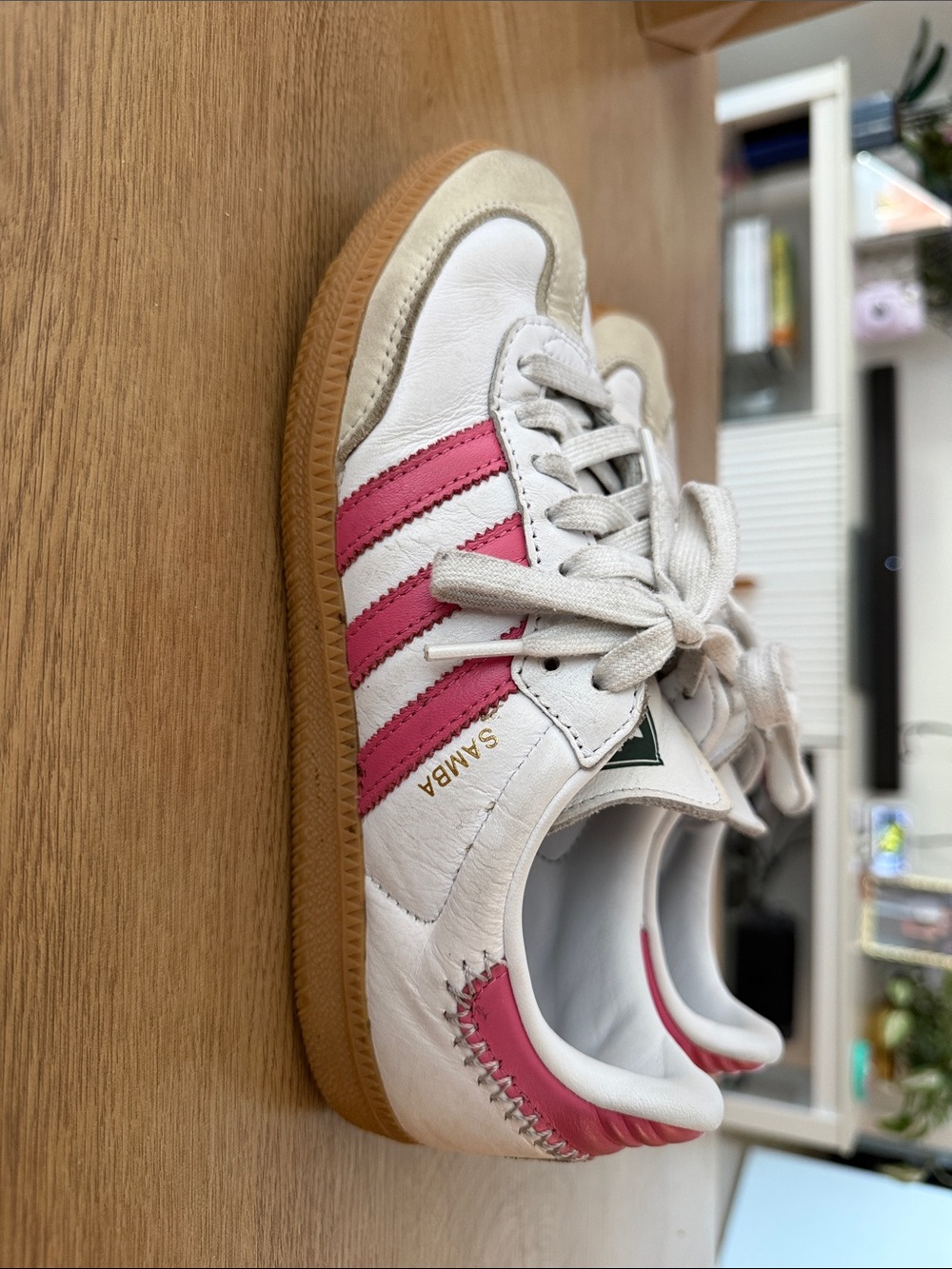 adidas White Sneakers with Pink Three-Stripes and Gum Sole - Picture 3 of 4